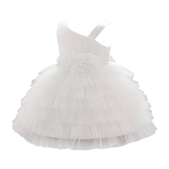 SonxaHe Infant Girl Dresses Elegant Ruffle One-Shoulder Layered Cake Gown Child Birthday Celebration Tutu Dresses White,Size 18-24 M