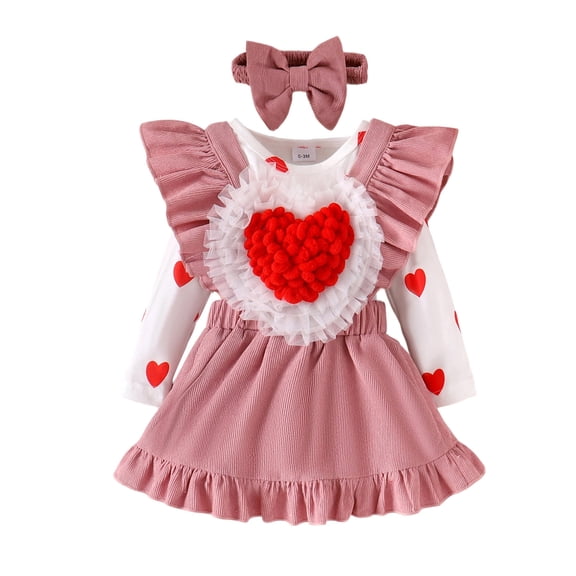 SonxaHe Infant Girl Outfit Set Valentine's Day Cute Heart Romper Overalls Headband Baby Holiday Stylish Party Outfits,3-Piece Pink,Sized 9-12 M