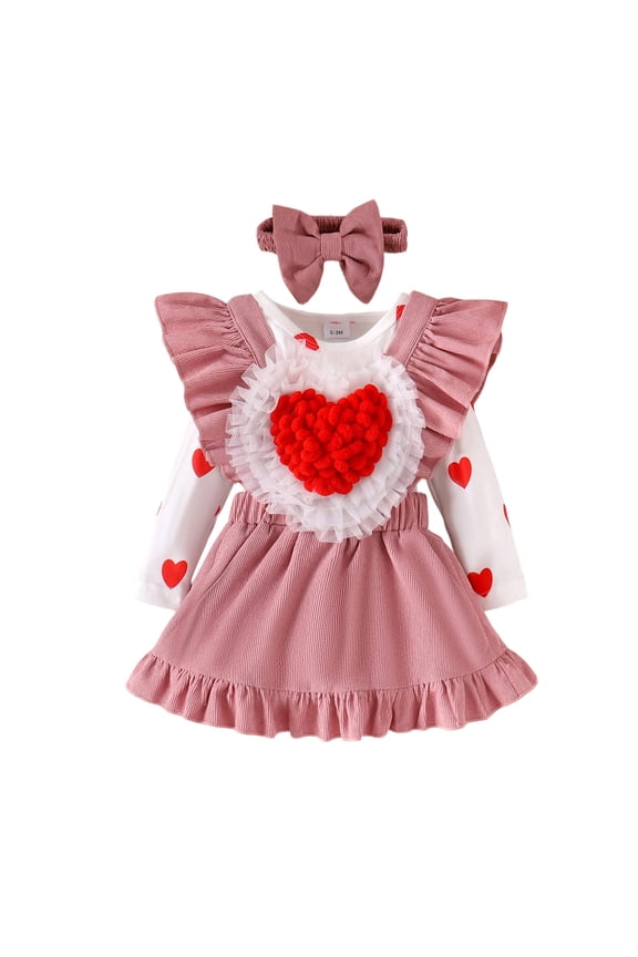 Infant Girl Outfit Set Valentine's Day Cute Heart Romper Overalls Headband Baby Holiday Stylish Party Outfits,3-Piece Pink,Sized 9-12 M