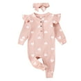 thumbnail image 1 of SonxaHe Infant Girl Outfit Set Valentine's Day Heart Print Long Sleeve Jumpsuit with Headband Baby Soft Cozy Homewear Outfits Pink,Size 12-18 M, 1 of 7