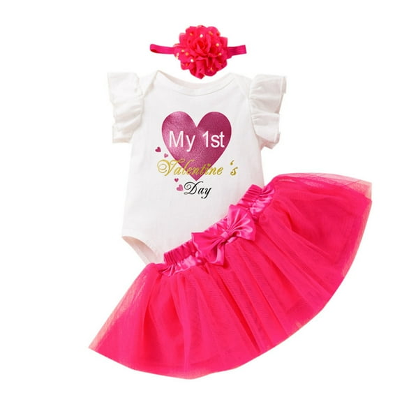 SonxaHe Infant Girl Outfits Valentine's Day Graphic Puff Sleeve Bodysuit Tutu Skirts Baby Festive Stylish Outfit Set,3-Piece Pink,Size 9-12 M