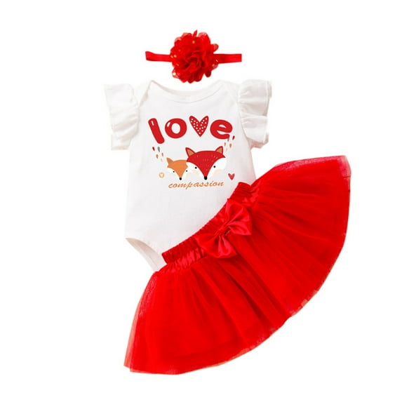 SonxaHe Infant Girl Outfits Valentine's Day Graphic Puff Sleeve Bodysuit Tutu Skirts Baby Festive Stylish Outfit Set,3-Piece Red,Size 18-24 M