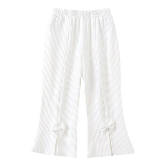 SonxaHe Infant Girl Pants Elastic Waist Flare Leg Ribbed Knit Bottom Pants with Bow Kids Stretchy Soft Casual Trousers White,Sized 1-2
