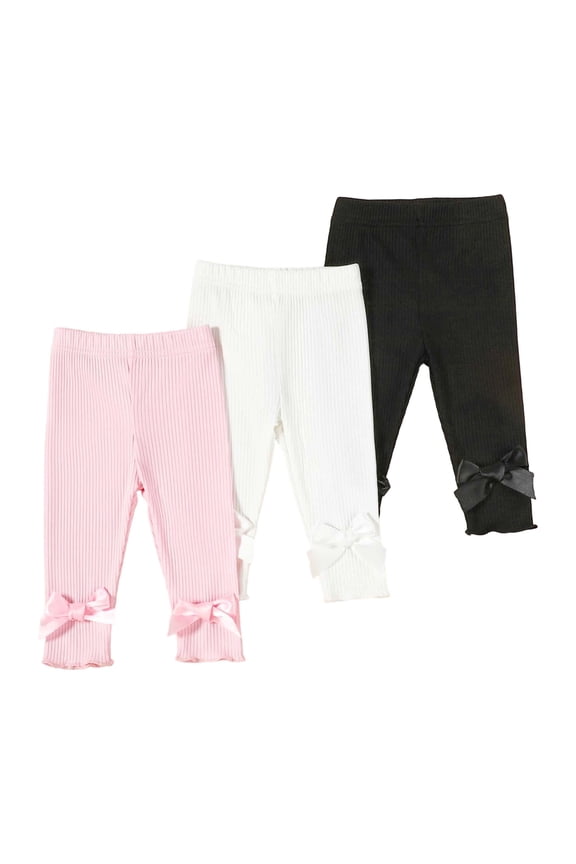 Infant Girl Pants Knit Ribbed High Waist Leggings with Bow Baby Stylish Solid Active Fall Trousers Pink,Sized 9-12 M