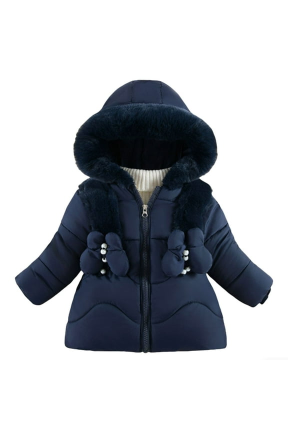 Infant Girl' Puffer Coat Faux Fur Hood Warm Mid Length Outerwear Stylish Quilted Windproof Winter Coats Blue,Sized 18-24 M