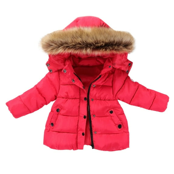 SonxaHe Girl Puffer Coat Fur Hood Zipper Heavy Weight Outerwear Warm Quilted Puffer Winter Coats Red,Sized 18-24 M