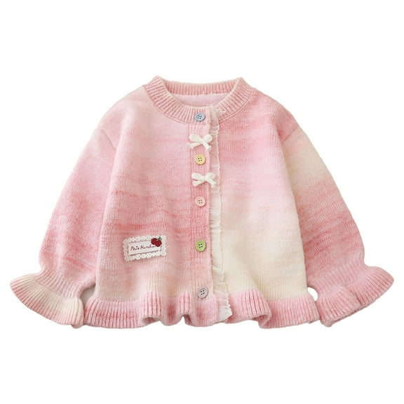 SonxaHe Infant Girl' Sweaters Stylish Rainbow Color Ribbed Knit Cardigan Kids Loose Warm Soft Cozy Fall Winter Sweater Pink,Sized 1-2