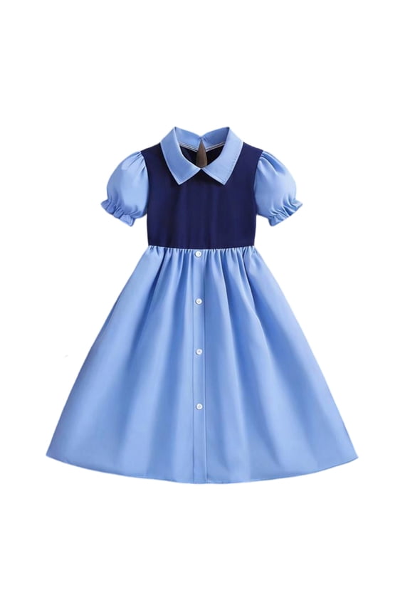 Infant Girl's Dress Summer Puff Sleeve Turndown Collar Dress Children Elegant School Loose Casual Dresses Blue,Szie 1-2 Y