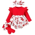 thumbnail image 1 of SonxaHe Infant Girl's Outfit Set Bow Print Long Sleeve Jumpsuit Headband Socks Baby Holiday Cute Loose Soft Outfits,3-Piece Red,Sized 9-12 M, 1 of 6
