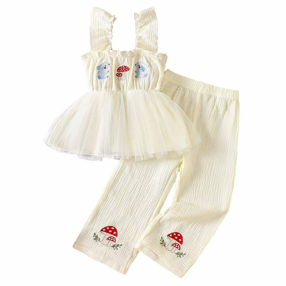 SonxaHe Infant Girl's Outfits Cartoon Bunny Embroidery Sleeveless T Shirt Pants Children Loose Cute Outerwear Outfit Set Beige,Sized 12-18 M