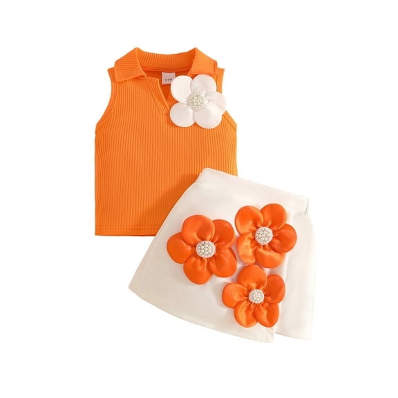 SonxaHe Infant Girl's Outfits Flower Sleeveless Lapel Ribbed Knitted T Shirt Skirt Baby Stylish Comfy Soft Outfit Set Orange,Sized 9-12 M