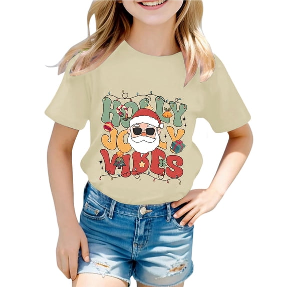 SonxaHe Girl's Tshirt Christmas Santa Letter Print Short Sleeved T-Shirt Kids Holiday Party Cozy Casual T Shirt Beige,Sized 1-2