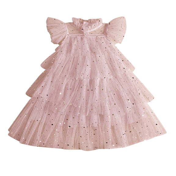 SonxaHe Infant Girls Dresses Fly Sleeve Star Sequin Tulle Dress Children Ruffles Dance Party Fashion Dresses Clothes Pink,Szie 12-18 M
