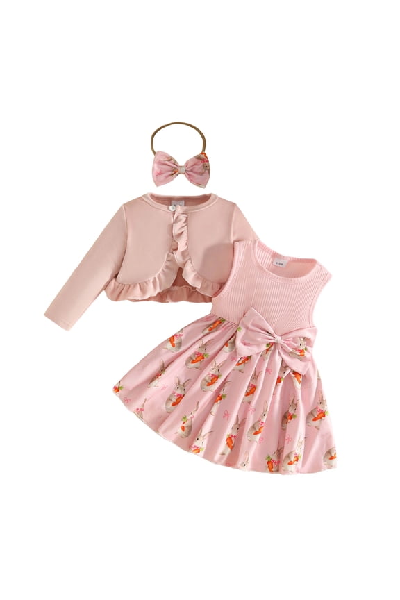 Infant Girls Easter Outfits Rabbit Prints Dress Long Sleeve Knit Cardigan Headbands Outfit Set,3-Piece for Baby Pink,Size 9-12 M
