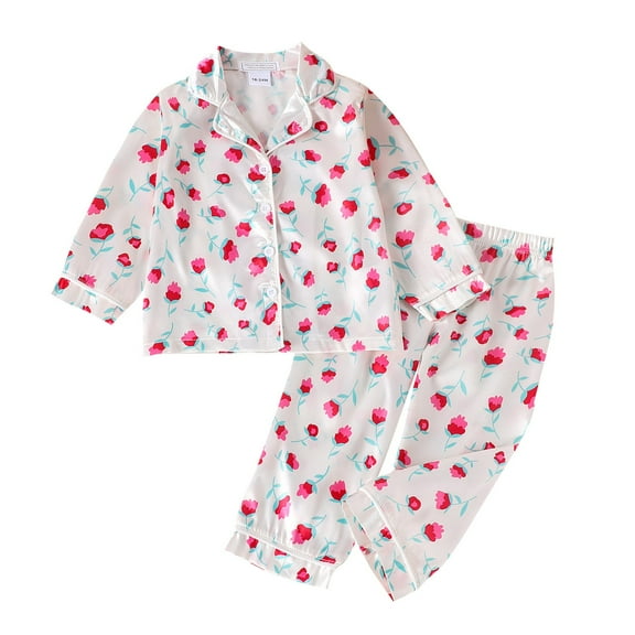 SonxaHe Infant Girls Homewear Outfits Cartoon Heart Prints Long Sleeve Lapel Shirt Pant Valentine's Day Satin Silk Outfit Set Beige,Sized 18-24 M