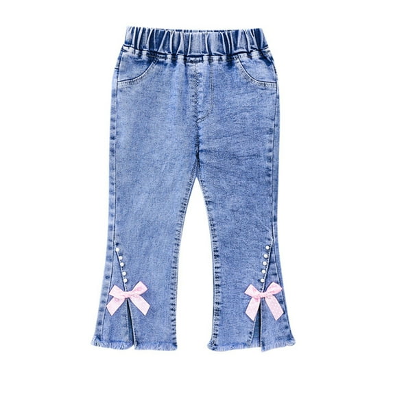 SonxaHe Infant Girls' Jeans Flower Stretchy Waist Flare Leg Denim Pants Children Outerwear Stylish Denim Trousers Pink,Sized 18-24 M