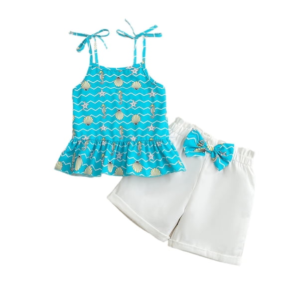 SonxaHe Infant Girls Outfit Set Cartoon Shell Graphic Sleeveless Tops Shorts Relaxed Beach Seaside Outfits for Baby Summer Blue,Size 12-18 M