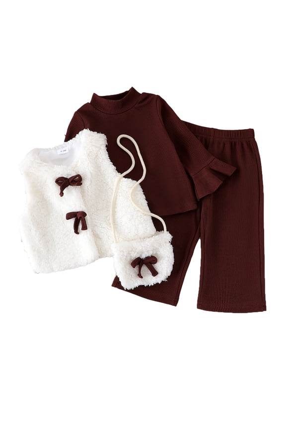 Infant Girls Outfits Fuzzy Flannel Warm Vest Long Sleeve Top Pants Bag Kids Stylish Cozy Soft Winter Outfit Set,4-Piece White,Sized 9-12 M