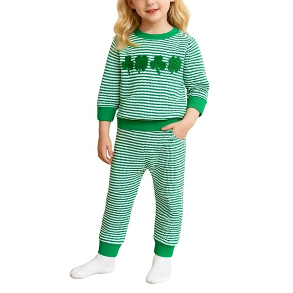 SonxaHe Infant Girls Outfits St. Patrick's Day Clover Embroidery Print Long Sleeve Top Pants Kids Homewear Cozy Outfit Set Green,Size 18-24 M