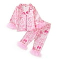 thumbnail image 1 of SonxaHe Infant Girls Satin Outfits Bow Print Long Sleeve Lapel Shirt Pants with Fur Trim Holiday Silk Sleepwear Cozy Loungewear Outfits Pink,Sized 18-24 M, 1 of 6