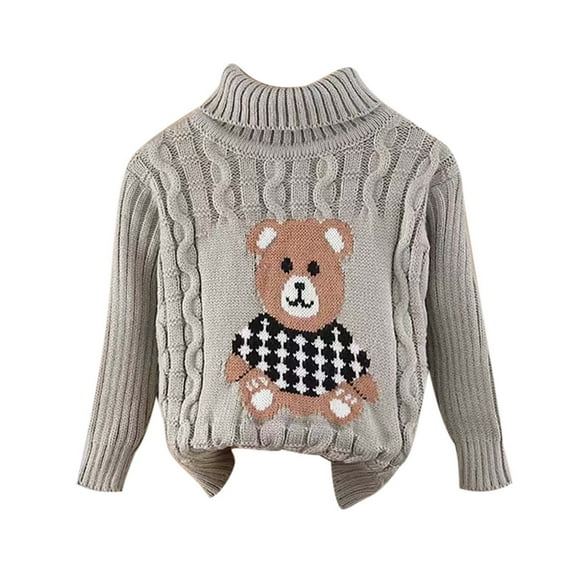 SonxaHe Infant Girls Sweater High Neck Cartoon Bear Pattern Knitted Top Child Loose Warm Cozy Fall Winter Sweaters Gray,Sized 12-18 M