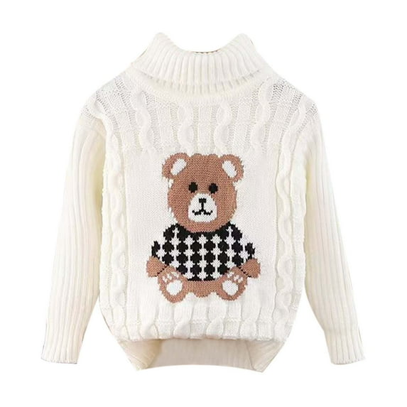 SonxaHe Infant Girls Sweater High Neck Cartoon Bear Pattern Knitted Top Child Loose Warm Cozy Fall Winter Sweaters White,Sized 18-24 M