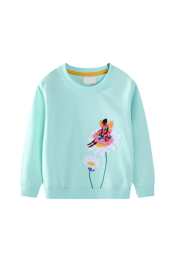 Girls Sweatshirts Long Sleeve Pullover with Sunflower Embroidery Winter Casual Sweatshirts Blue,Sized 1-2