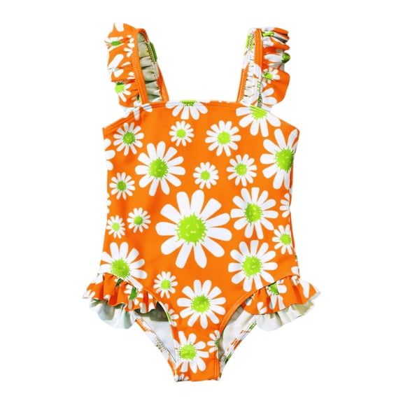 SonxaHe Infant Girls Swimsuit Daisy Graphic Ruffles One Piece Bikini Kids Stylish Summer Beach Seaside Bathing Suit Orange,Size 18-24 M