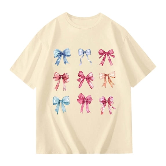 SonxaHe Infant Girls T Shirt Stylish Bow Graphic Short Sleeve Crewneck Tee Stylish Loose Breathable Tshirt Beige