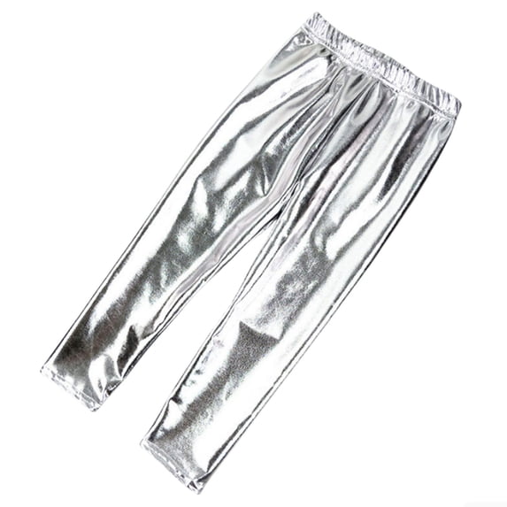 SonxaHe Leggings for Big Girl Carnival Shiny Elastic Waist Metallic Pants Kids Stretchy Dance Party Festive Pants Silver,Size 7-8 Y