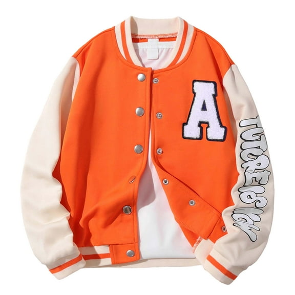 SonxaHe Little Boy' Bomber Jackets Letter Print Stand Collar Jackets Child Athletic Fall Winter Outerwear Jacket Orange,Sized 7-8