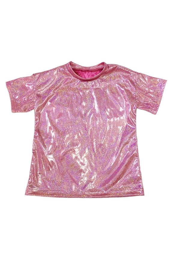Little Boy Girl Dance Shirt Spark Sequins Loose Short Sleeve Top Kids Party Stage Cozy Streetwear Tshirts Pink,Sized 7-8