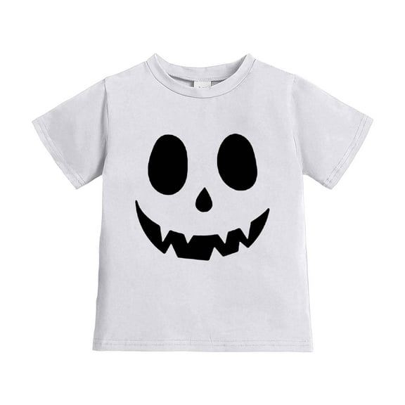 SonxaHe Little Boy Girl Tshirt Halloween Pumpkin Face Print Short Sleeve Party Holiday Comfy Casual T-Shirt White,Sized 5-6