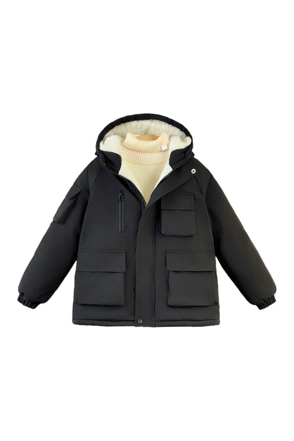 Little Boy' Winter Coat Fleece Lined Hooded Thermal Jacket Warm Thickened Windproof Parka Outerwear Black,Sized 5-6