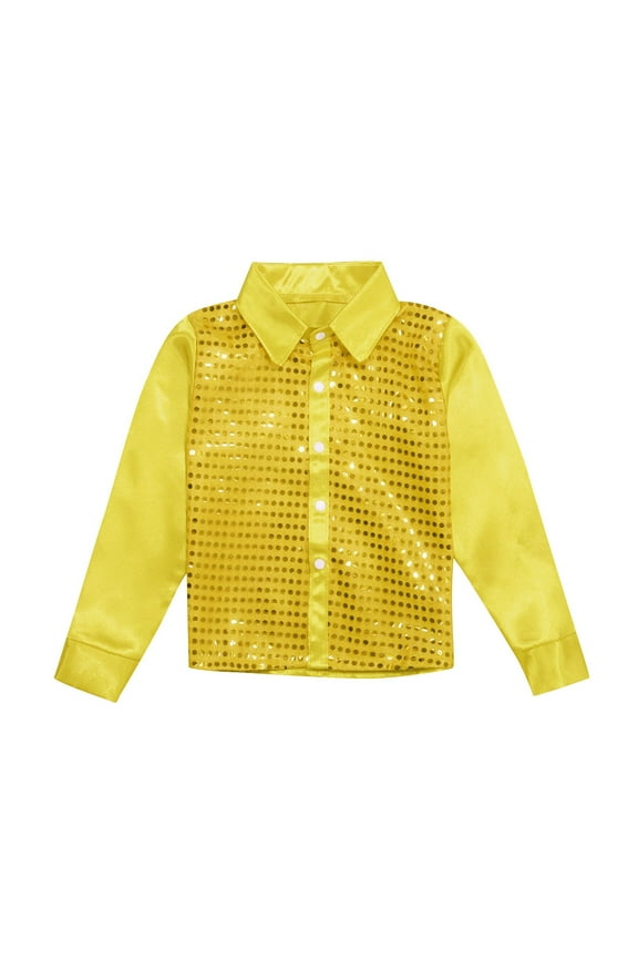 Little Boy's Jacket Sequins Dance Lapel Button Jacket Children Holiday Jazz Dancewear Costume Jackets Yellow,Sized 7-8