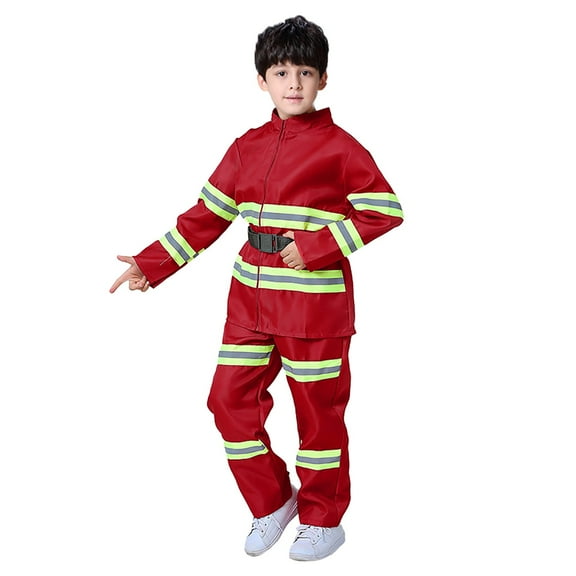SonxaHe Little Boy's Outfits Halloween Party Fireman Role Play Long Sleeve Jacket Pants School Outfit Set,3-Piece Red,Sized 5-6