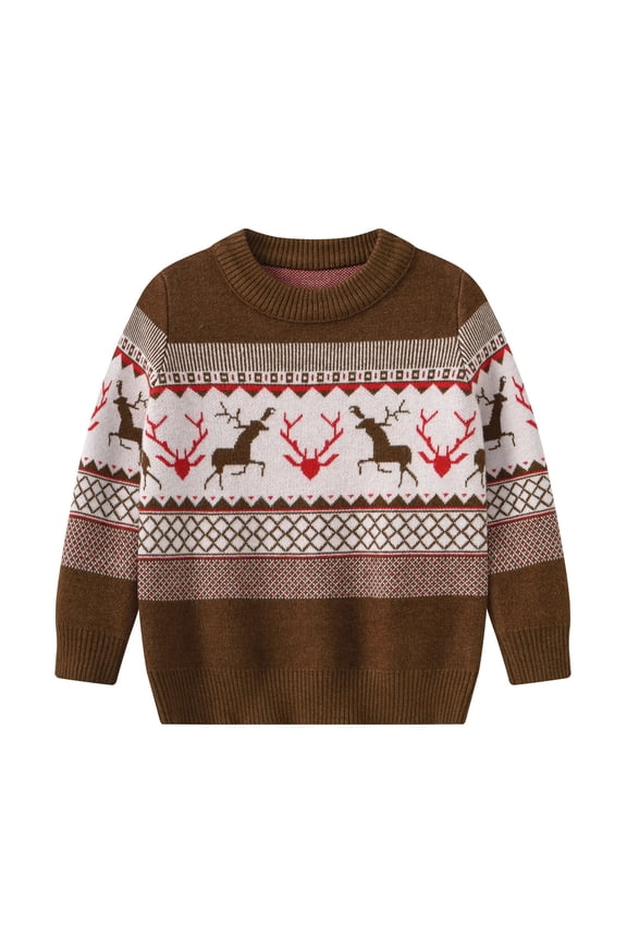 Little Boy's Sweaters Christmas Deer Print Long Sleeved Knit Pullover Top Kids Xmas Holiday Warm Soft Winter Sweater Brown,Sized 7-8