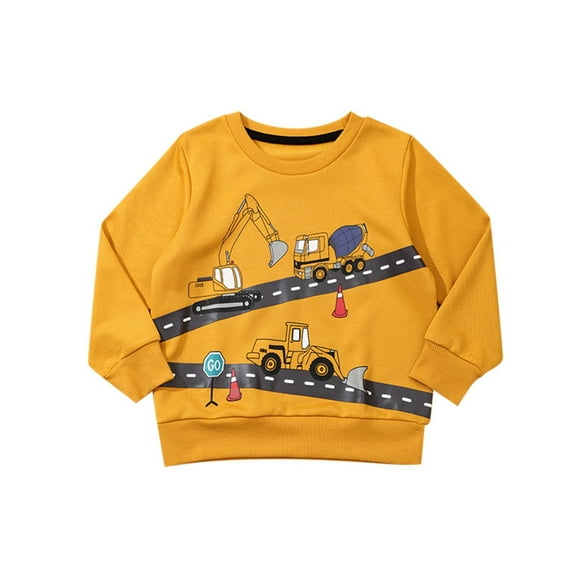 SonxaHe Little Boy's Sweatshirt Car Print Long Sleeve Truck Shirt Loose Sport Cozy Winter Sweatshirt Yellow,Sized 6-7