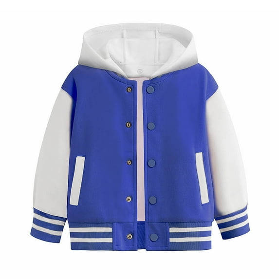 SonxaHe Little Boys Bomber Jacket Color Block Button Hooded Streetwear Autumn Spring Waterproof Jackets Blue,Sized 7-8