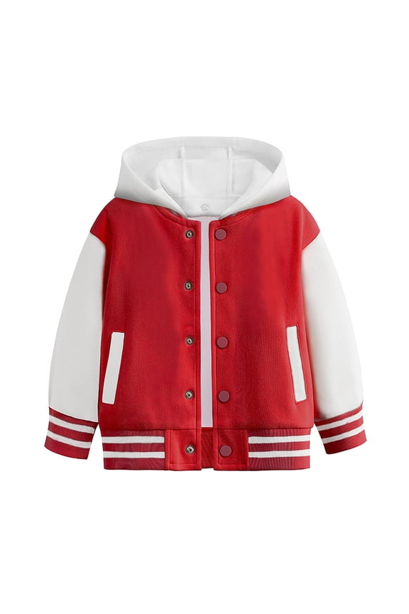 Little Boys Bomber Jacket Color Block Button Hooded Streetwear Autumn Spring Waterproof Jackets Red,Sized 5-6