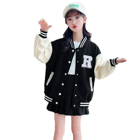 SonxaHe Little Boys Girls Bomber Jacket Colorblock Long Sleeve Comfy Oversized Athletic Lightweight Fall Jacket Black,Sized 5-6