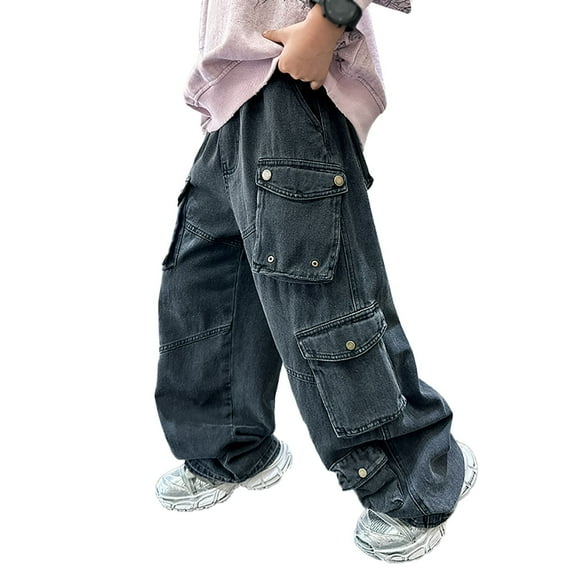 SonxaHe Little Boys' Jeans Elastic Waist Straight Leg Cargo Jeans with Pockets Kids Casual Comfy Denim Pants Black,Sized 5-6