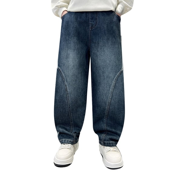 SonxaHe Little Boys' Jeans Stretch Waist Ripped Straight Leg Jeans Children Streetwear Casual Denim Pants Blue,Sized 5-6