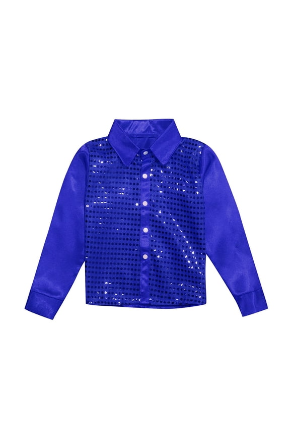 Little Boys T Shirt Fashion Sequin Long Sleeve Lapel Shirt Kids Holiday Party Performance Tshirt Blue