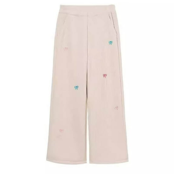 SonxaHe Little Girl Corduroy Pants Fleece Lined Thickened Bow Embroidery Elastic High Waist Warm Soft Wide Leg Trousers For Kid White,Sized 5-6