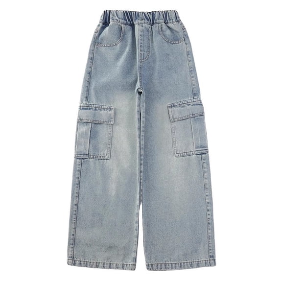 SonxaHe Little Girl' Denim Pants High Waist Straight Leg Denim Trousers Kids Wide Leg Active Summer Jeans Blue,Size 6-15