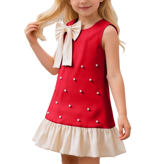 SonxaHe Little Girl Dress Elegant A-Line Evening Dresses with Bow Children Sleeveless Wedding Pageant Princess Gown Red,Size 2-7 Y