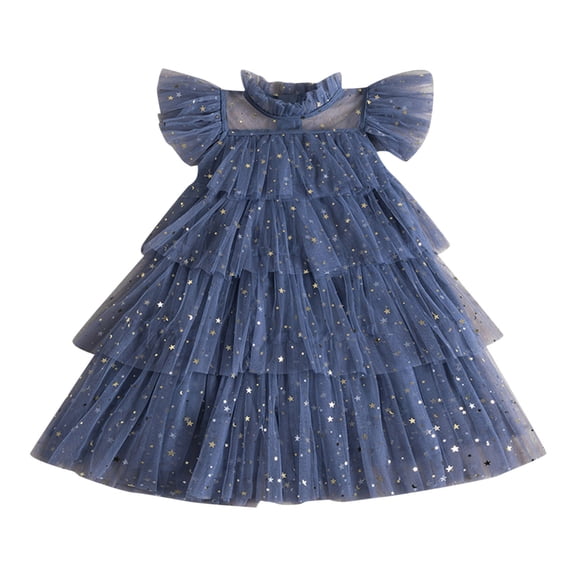 SonxaHe Little Girl Dress Fly Sleeve Star Sequin Tiered Tulle Dress Stylish Holiday Dance Ruffles Party Dresses Blue,Sized 6-7