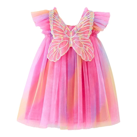 SonxaHe Little Girl' Dresses with Wing Fly Sleeve Tie Dye Rainbow Mesh Dress Kids Holiday Party Dance Dresses Pink,Size 5-6 Y
