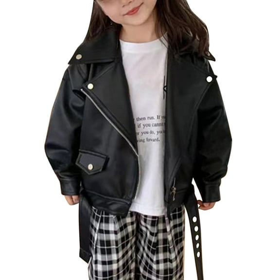 SonxaHe Little Girl' Jackets Stylish Long Sleeve Motorcycle Zip Up Lapel Jacket Children Loose Streetwear Autumn Jackets Black,Sized 6-7